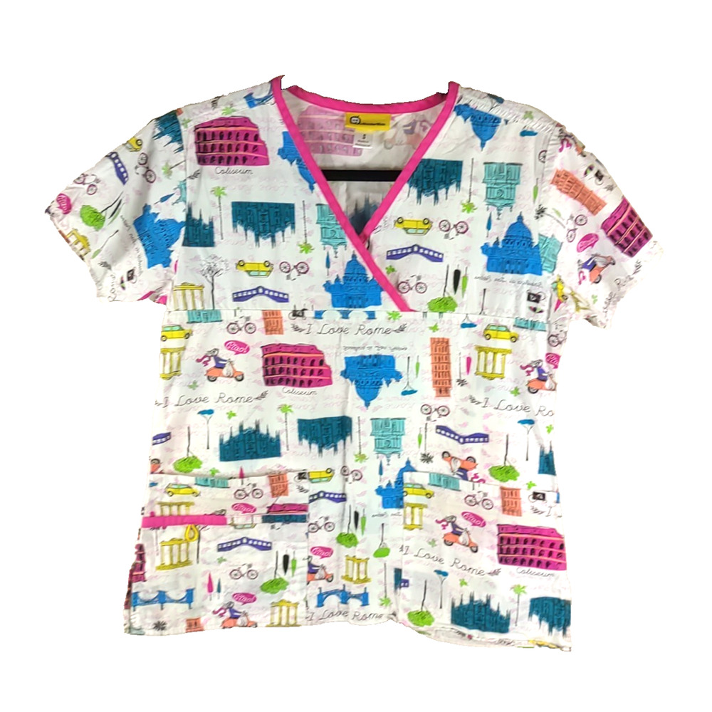 Wonder Wink Womens Small White I Love Rome Scrub Top Historic Sites